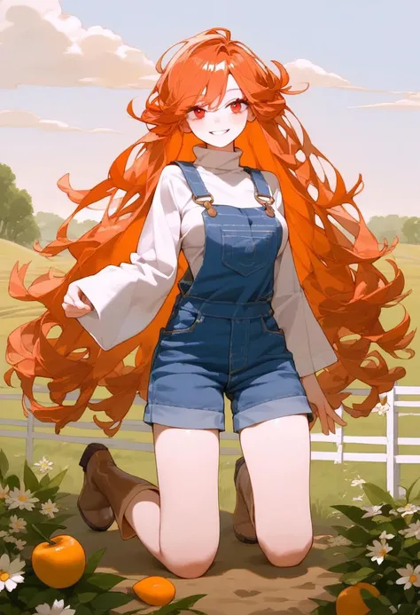 score_9, score_8_up, score_7_up, best quality, source_anime BREAK, Eatsleep1111, 1girl, medium breasts, very long red orange hair wavy in ringlets, small flower-like buns on the sides of her head, loose hair, red eyes, long eyelashes red orange, light tan ...