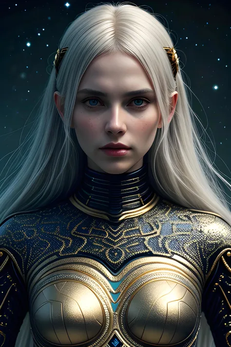 scifi fantasy illustration Birgitta Klasson, in the style of realistic hyper-detailed portraits, dark white and orange, classicist portraiture, dark gold and aquamarine, realist detail, hard edge, technological marvels --ar 68:128 --stylize 750 --v 5. 2