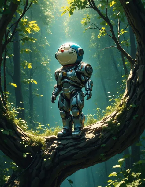 A futuristic Doraemon with a mechanical body covering various gears and metal components stands atop a branch under intense film-grade lighting. The mechanical body of the Doraemon is detailed with intricate mechanisms and metallic components that blend se...