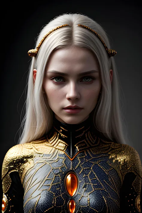 scifi fantasy illustration Birgitta Klasson, in the style of realistic hyper-detailed portraits, dark white and orange, classicist portraiture, dark gold and aquamarine, realist detail, hard edge, technological marvels --ar 68:128 --stylize 750 --v 5. 2