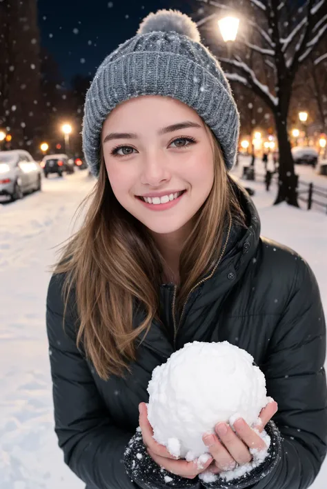 RAW photo, award winning portrait of 20yo american girl, beautiful, big smile, black eyes, throwing snowball behind a car, winter, snow in the street, winter coat and hat, dark blonde hair, outside, central park at night, (high detailed skin:1.2),8k uhd,ds...