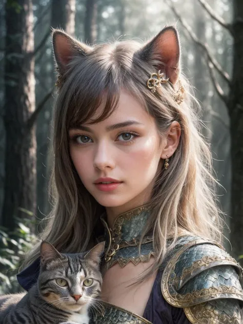 girl holding cat, cat ears, chibi, blue, gold, white, purpple, dragon scaly armor, forest background, fantasy style, (dark shot:1.17), epic realistic, faded, ((neutral colors)), art, (hdr:1.5), (muted colors:1.2), hyperdetailed, (artstation:1.5), cinematic...