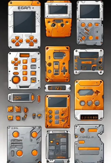 Game upgrade buy menu screen, GUI, buttons, text field, sci-fi setting, device control panel style, keypads, dials, LCD screen, plastic  and metal, scratched paint, wires, cables, screws, ports, retro futuristic.
white grey orange and yellow color scheme,
...