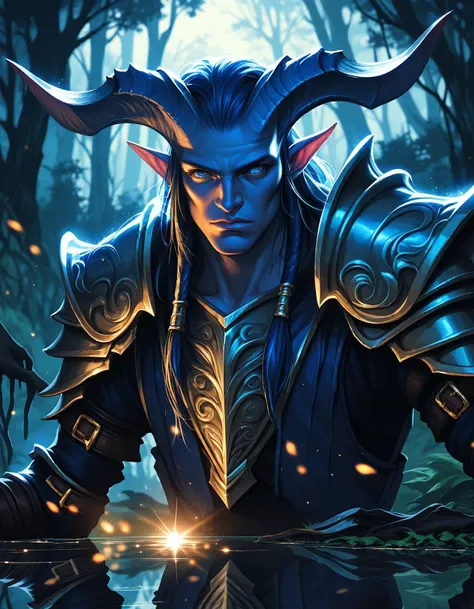 dark shot.  night, gold filigree frame around the perimeter of the image.( score_9, score_8_up,:1.2)  BREAK. magical atmosphere, magical aura, blue-gray shimmery skin , horns .a lonely tiefling stands in the middle of forest ,  low light, dramatic lighting...