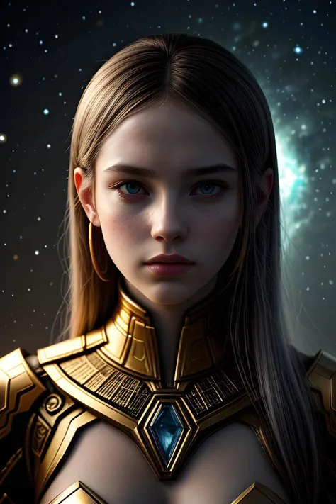 scifi fantasy illustration Kenzie Augustine, in the style of realistic hyper-detailed portraits, dark white and orange, classicist portraiture, dark gold and aquamarine, realist detail, hard edge, technological marvels --ar 68:128 --stylize 750 --v 5. 2