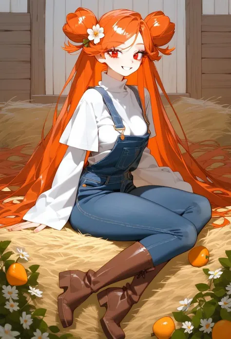 score_9, score_8_up, score_7_up, best quality, source_anime BREAK, Eatsleep1111, 1girl, medium breasts, very long red orange hair wavy in ringlets, small flower-like buns on the sides of her head, loose hair, red eyes, long eyelashes red orange, light tan ...