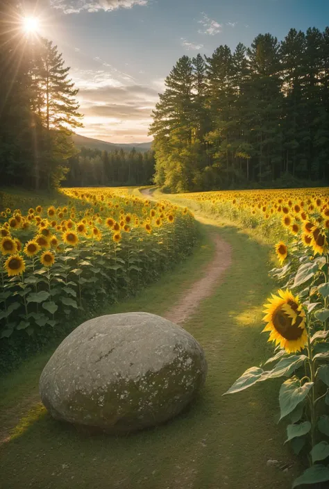 a (landscape photography:1.4), sunflower on a forest path (grass, forest, erratic boulders), sunset (sunshield visible in the lens), clouds in the sky, natural lighting, shot on Canon EOS with Ektar 100 film, with a ( soft focus filter:1.3)