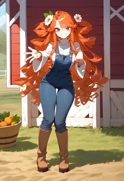 score_9, score_8_up, score_7_up, best quality, source_anime BREAK, Eatsleep1111, 1girl, medium breasts, very long red orange hair wavy in ringlets, small flower-like buns on the sides of her head, loose hair, red eyes, long eyelashes red orange, light tan ...