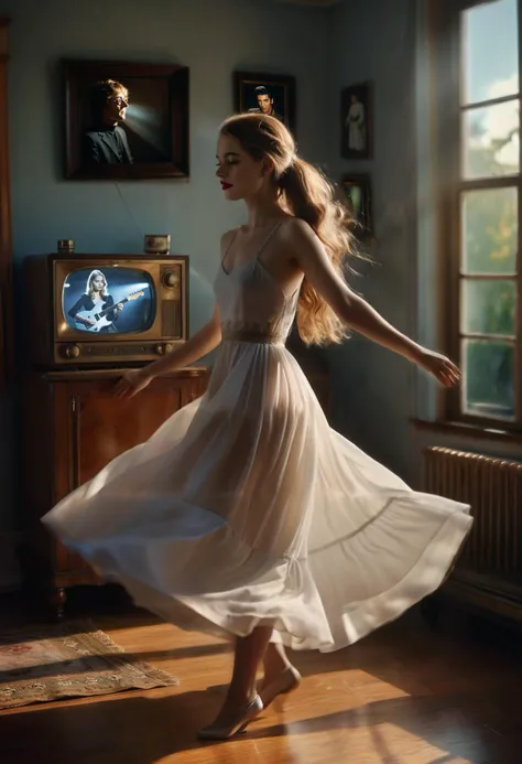 (Photorealism:1.6), cinematic film still, a woman in a dress is dancing in the living room with an antique radio in the background, Elizabeth Polunin, cinematic photography, a photorealistic painting, arabesque, Fujifilm Superia Venus 800 rendered in unrea...