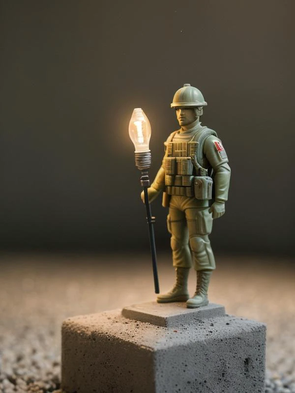 masterpiece, professional photography, close-up of small plastic soldier miniature standing on concrete (matte concrete, porous concrete, basement), amazing depth of field, artificial lights (bulb) (warm light:1,2) (light sources outside the lens), shot fr...