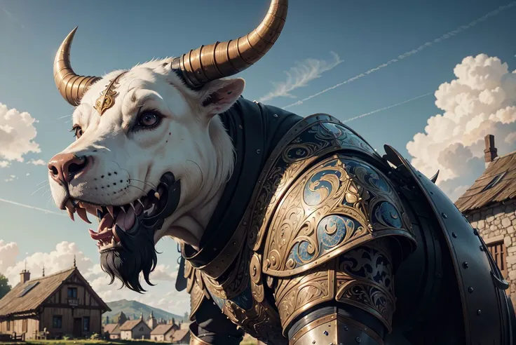 (high detailed), bull, cute, wearing tattered medieval heavy armor, looking evil, bad mood, deafening, Medow landscape, blue sky with small clouds, in the background far away a small village, beautiful intricately detailed, dof, realistic light, pixar styl...