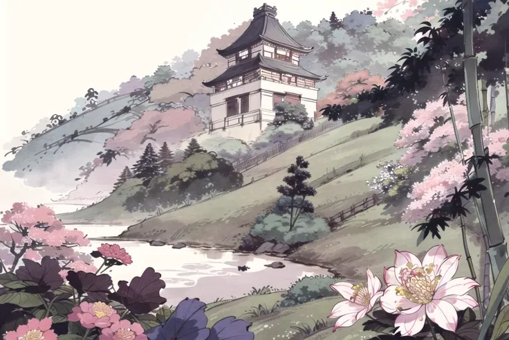 there is a painting of a pagoda and flowers in the foreground