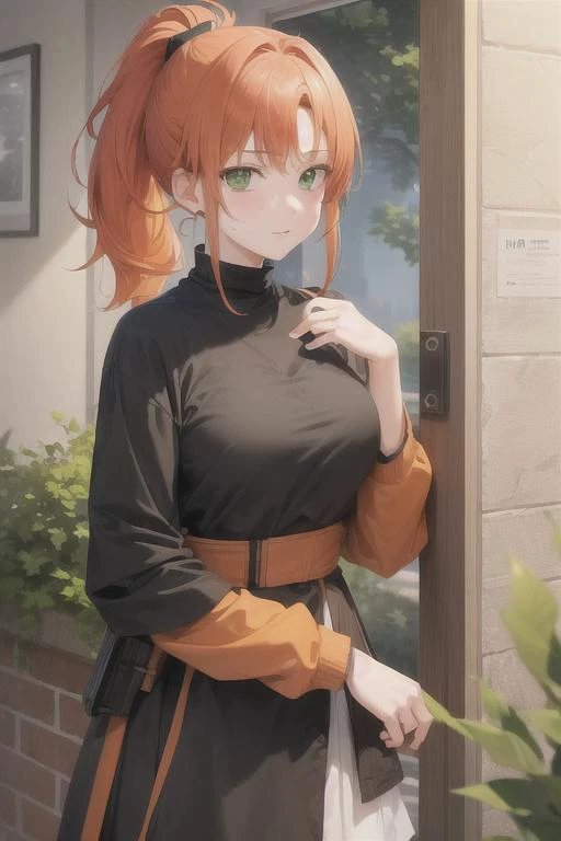 1girl, orange hair, ponytail, green eyes,