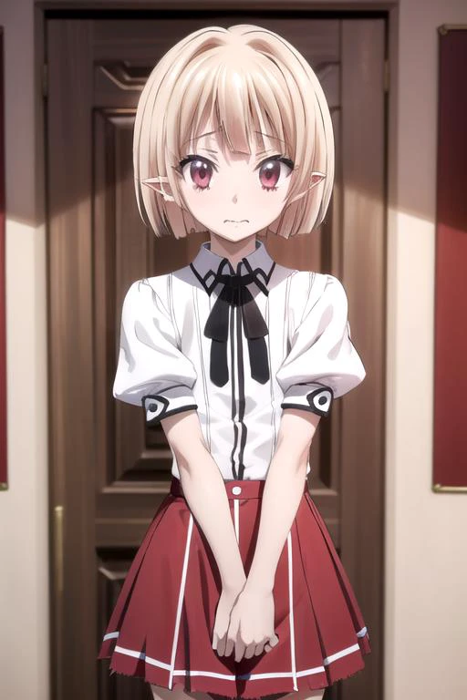 (((picture perfect))), (absurdres), 1boy, solo, <lora:gasper-dxd:0.8>, gasper vladi, school uniform, red skirt, looking at viewer, wavy mouth, v arms