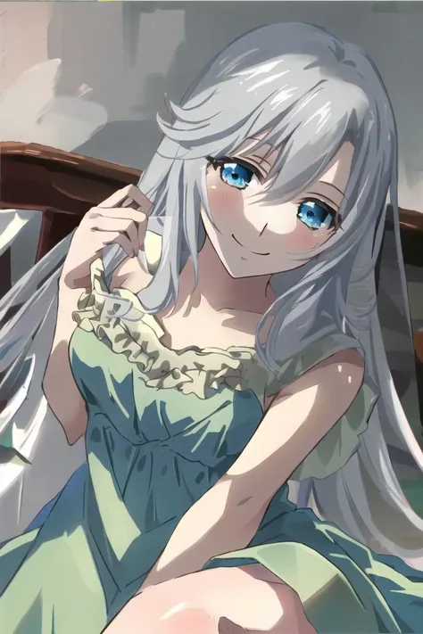 anime girl with long white hair sitting on a bed