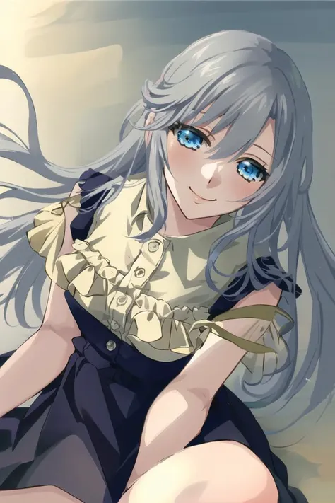 anime girl with long gray hair and blue eyes sitting on the ground