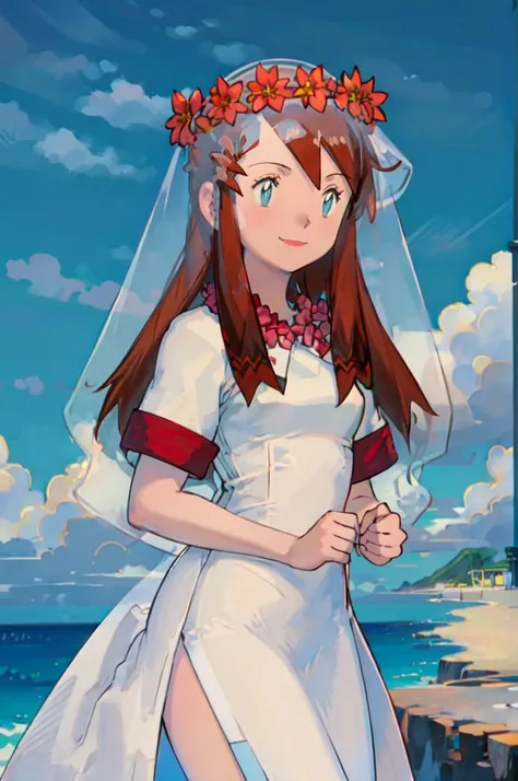 anime girl in a wedding dress standing on a cliff overlooking the ocean