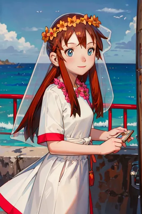 anime girl in a wedding dress standing on a pier looking at her phone