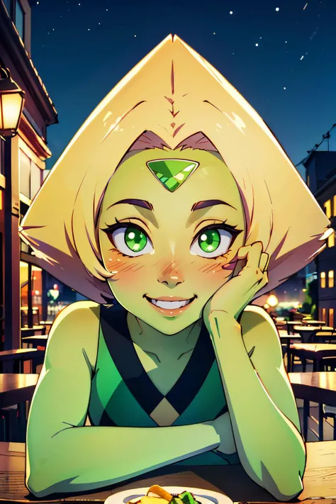 Peridot, green skin, forehead jewel,blonde hair,green bodysuit, diamon (shape), sleeveless,  looking at viewer, smiling, happy, blush,sitting, upper body shot, behind a table, cafe, outside, city, night,  high quality, masterpiece, <lora:Peridot:.8>