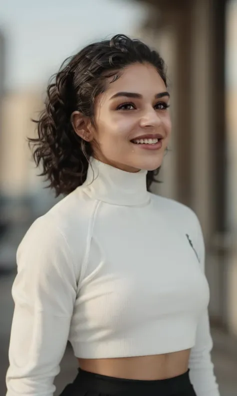 mannilp2024, 1 girl, uhd, 8k, best quality, masterpiece, walking, smile, skin pores, detailed skin, turtleneck, cinematic lighting, depth of field, city