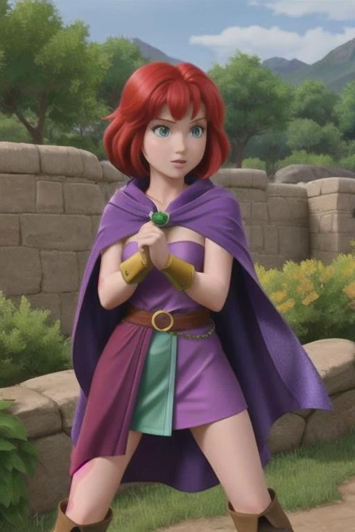 <lora:quiron_sheiladd_lycoris:.7> "sheiladdquiron character, sheila, red hair, green eyes, purple cloak", ill, rainbow hair