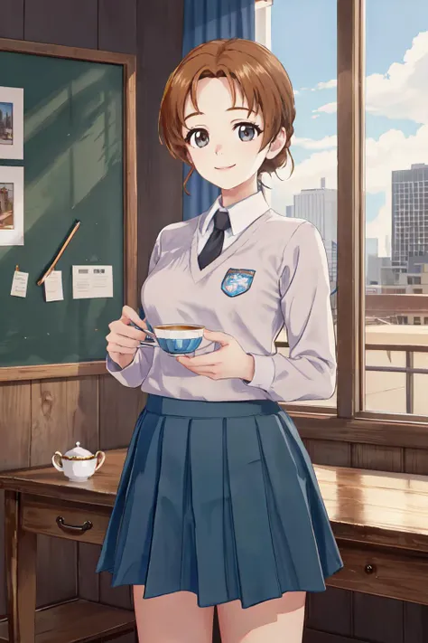 <lora:Orange Pekoe:0.55>non 1girl, cowboy shot, tea cup, tea time, school uniform,
(best quality, masterpiece, RAW photo,ultra-detailed:1.2), <lyco:GoodHands-beta2:1.0>,1girl,solo,looking at viewer,smile