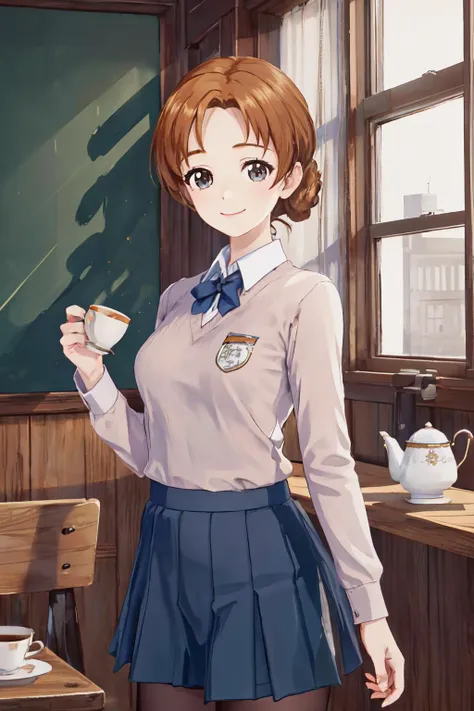 <lora:Orange Pekoe:0.5>non 1girl, cowboy shot, tea cup, tea time, school uniform, orange pekoe,
(best quality, masterpiece, RAW photo,ultra-detailed:1.2), <lyco:GoodHands-beta2:1.0>,1girl,solo,looking at viewer,smile