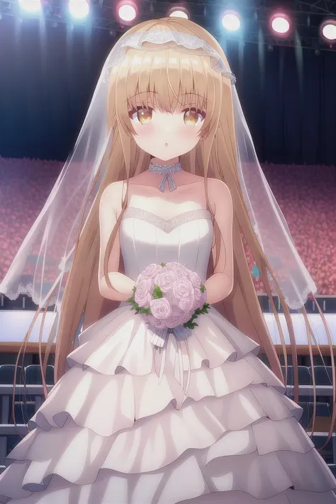 highres, 1girl, shiina mahiru, veil, wedding dress, frilled dress, outdoors, stage, stage lights, stage curtains