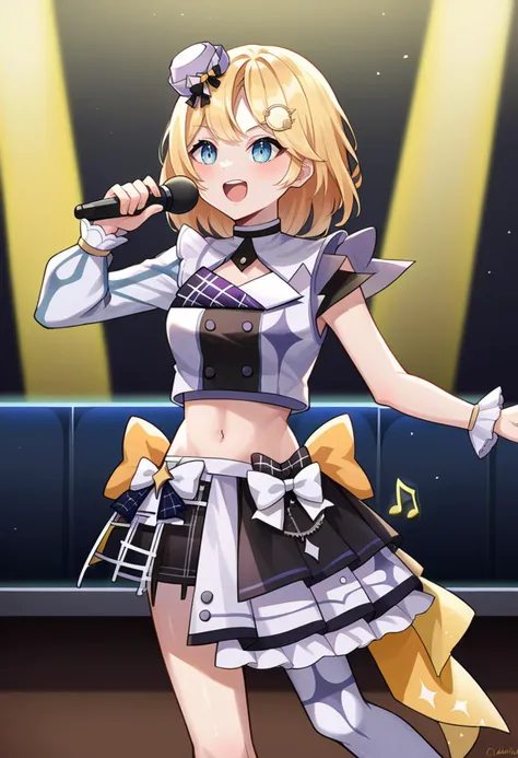 score_9, score_6_up, source_anime, stage, yellow lights, dynamic pose, holding microphone, singing, 1girl, amelia_idol, bob cut,...