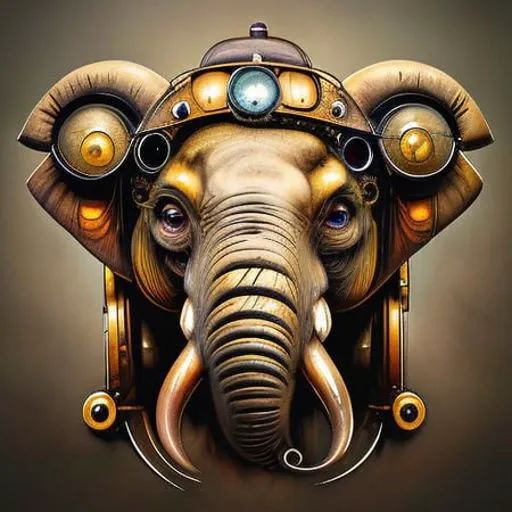 (steampunkai), an elephant with googles on his head, portrait, golden teeth