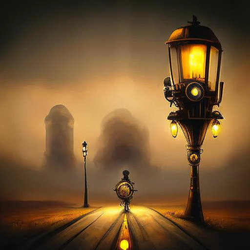 (steampunkai)++, steampunk, empty road with single lantern on the right side of the road, buildings on de sides