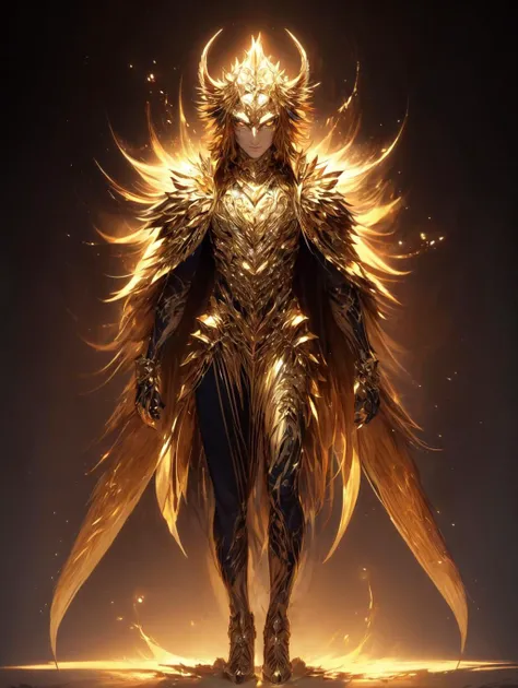 a woman in a golden armor standing in front of a dark background