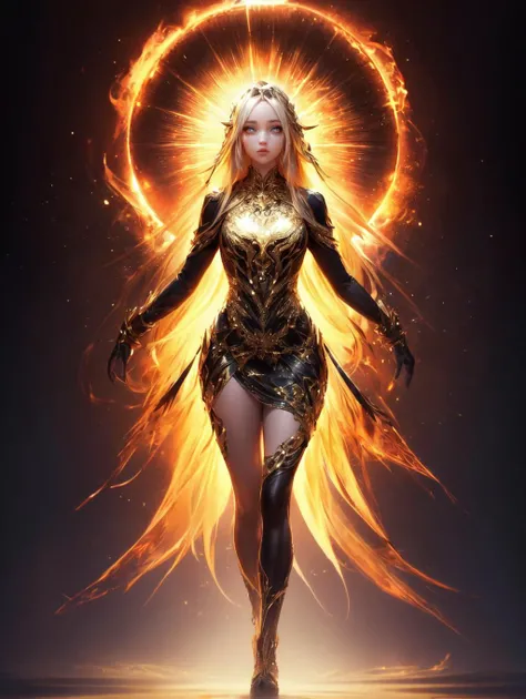 a woman with a golden halo and a black outfit is walking through a dark background