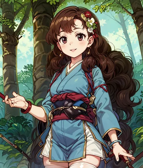 anime screencap, 1 girl, solo, long hair, brown brown hair,  curly hair, thighhighs, japanese clothes, blue outfit, bracelts, smile, standing, outdoors, forest, cowboy shot  <lora:Benitsuki:1>