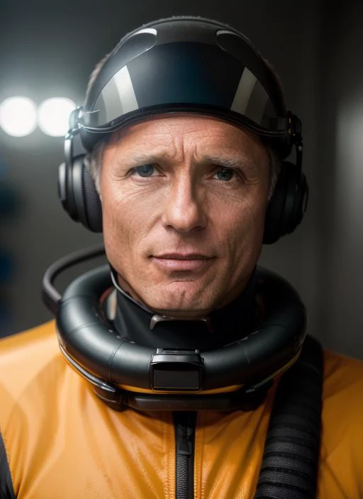 Closeup photograph of eh1, wearing Deep-sea researcher: Hi-tech diving suit, underwater exploration helmet, waterproof tablet, diving fins, underwater camera RAW photo, 8k uhd, dslr, soft lighting, high quality, film grain, highly detailed face, ultra deta...