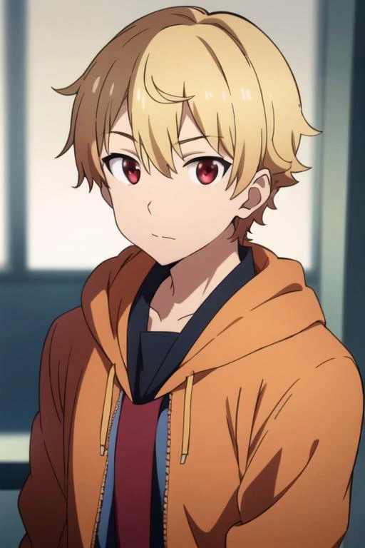 masterpiece, best quality, high quality, 1boy, solo, male focus, looking at viewer, upper body, <lora:subaru_uchimaki:0.72>, subaru_uchimaki, blonde hair, red eyes, jacket