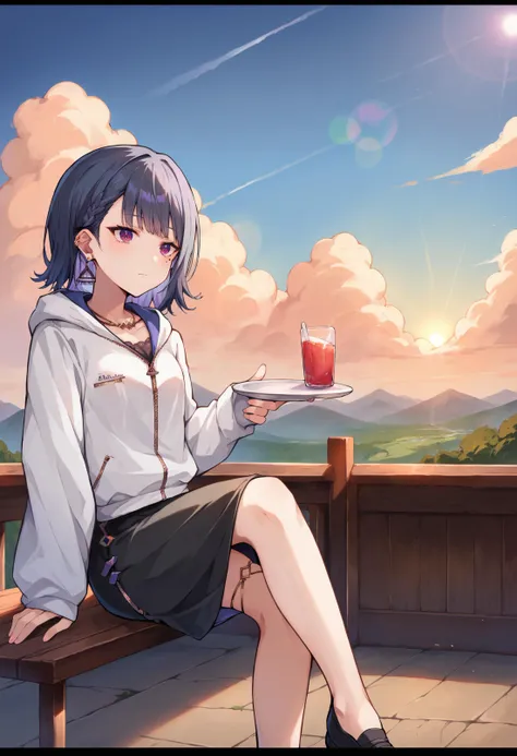 anime girl sitting on a bench with a plate of food