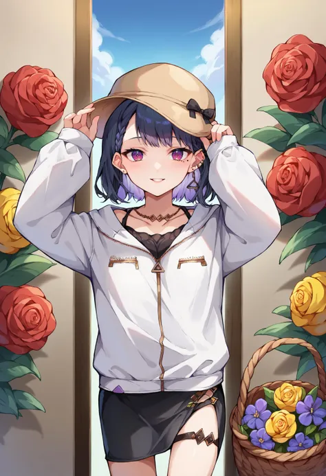 anime girl with hat and flowers in background