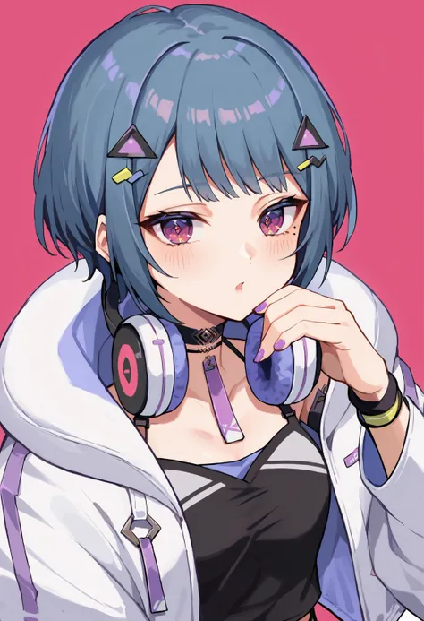 anime girl with headphones and a pink background