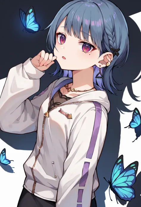 anime girl with blue hair and butterfly wings in the background