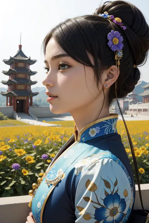 1girl, masterpiece, Dragonpunk, insane details, 3/4 view of a Boundless Biophilic DayGlo blue ("The Opium Wars in China":1.3) , majestic, plain Entrancing background, crowded flora with Wildflower bouquet, Sun in the sky, shallow depth of field, sculpture ...