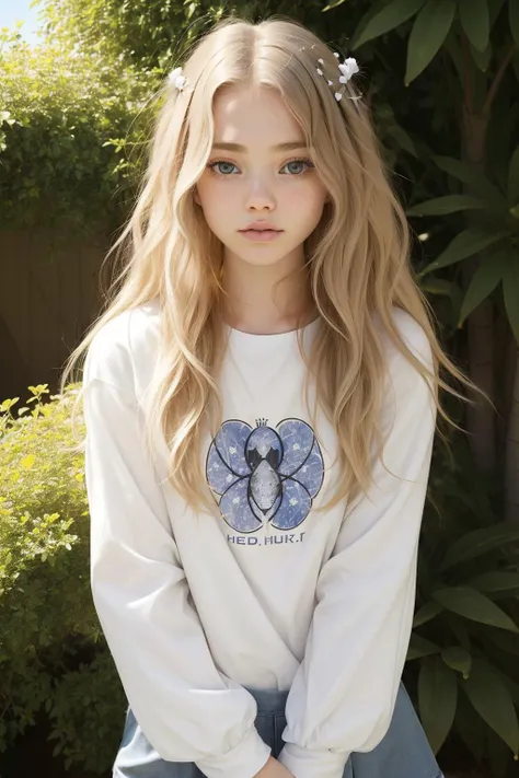 a young girl with long blonde hair wearing a white sweatshirt and jeans