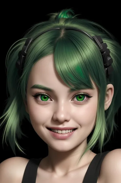 1girl,  green hair,  , happy expression, extreme closeup shot, black background,.