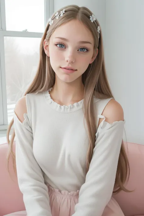 a young girl sitting on a pink couch wearing a white top