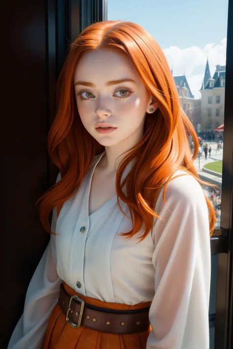 a close up of a woman with red hair and a white shirt