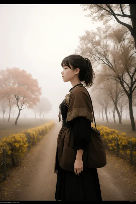 1girl, (low contrast art designed by Quint Buchholz:0.7) , scene art, studio Digital art, intricate details, profile of a Art Photography Kindhearted ("The Mother of [Improvement|Change] ":1.3) , Average flora with Tree stump, Foggy conditions, FOV 90 degr...