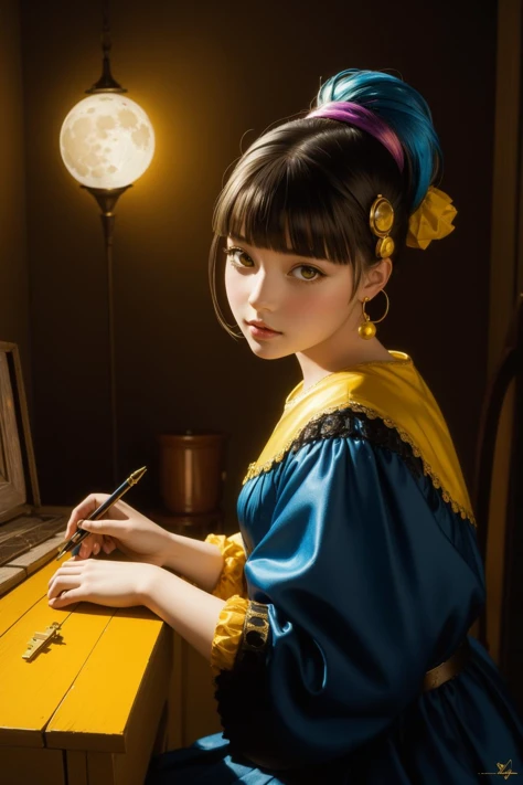 1girl, stylized by Johannes Vermeer, Fantasy concept art of a Decora, Figurative Grouchy Black and Mustard Yellow "Shuttlepod One", Moon in the night, spotlight, Hypersaturated, key visual