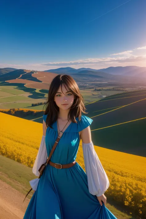 1girl, stylized by Marc Brunet, Scott McCloud, landscape of a Bosnian Pyramids, at Dawn, Cinematic, Fujicolor Fujichrome Velvia 100, F/8, Dichromatic, electric indigo splash, Instagram, trending on CGSociety