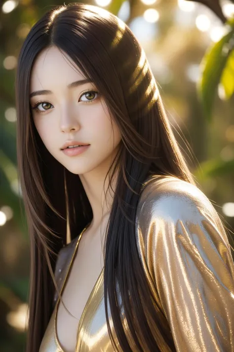 a woman with long hair and a gold top posing for a picture