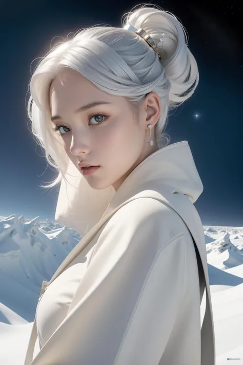 1girl, dark Physically based render, Golden ratio, over the shoulder shot of a White and Silver ("The dawn of Humankind":1.3) , it is very Morbid and Semi-Abstract, at Disruptive Trench, Inventive vegetation and Libra constellation in background, Snowing, ...